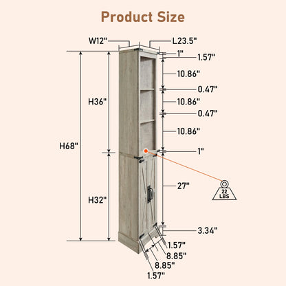 OKD Farmhouse Tall Corner Cabinet with Barn Door & Adjustable Shelves, 68" Rustic Wood Corner Cabinet with Storage Cabinet for Bathroom, Kitchen, Antique White