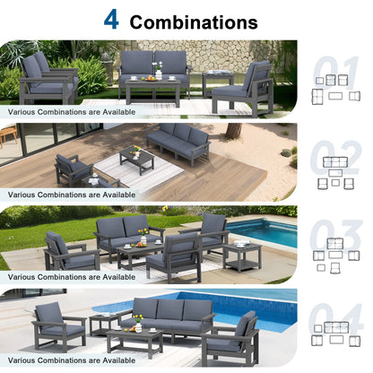 SERWALL Outdoor Patio Furniture Set, 7-Piece HDPE Outdoor Sofa Set Patio Conversation Set, Black Frame with Beige Cushions