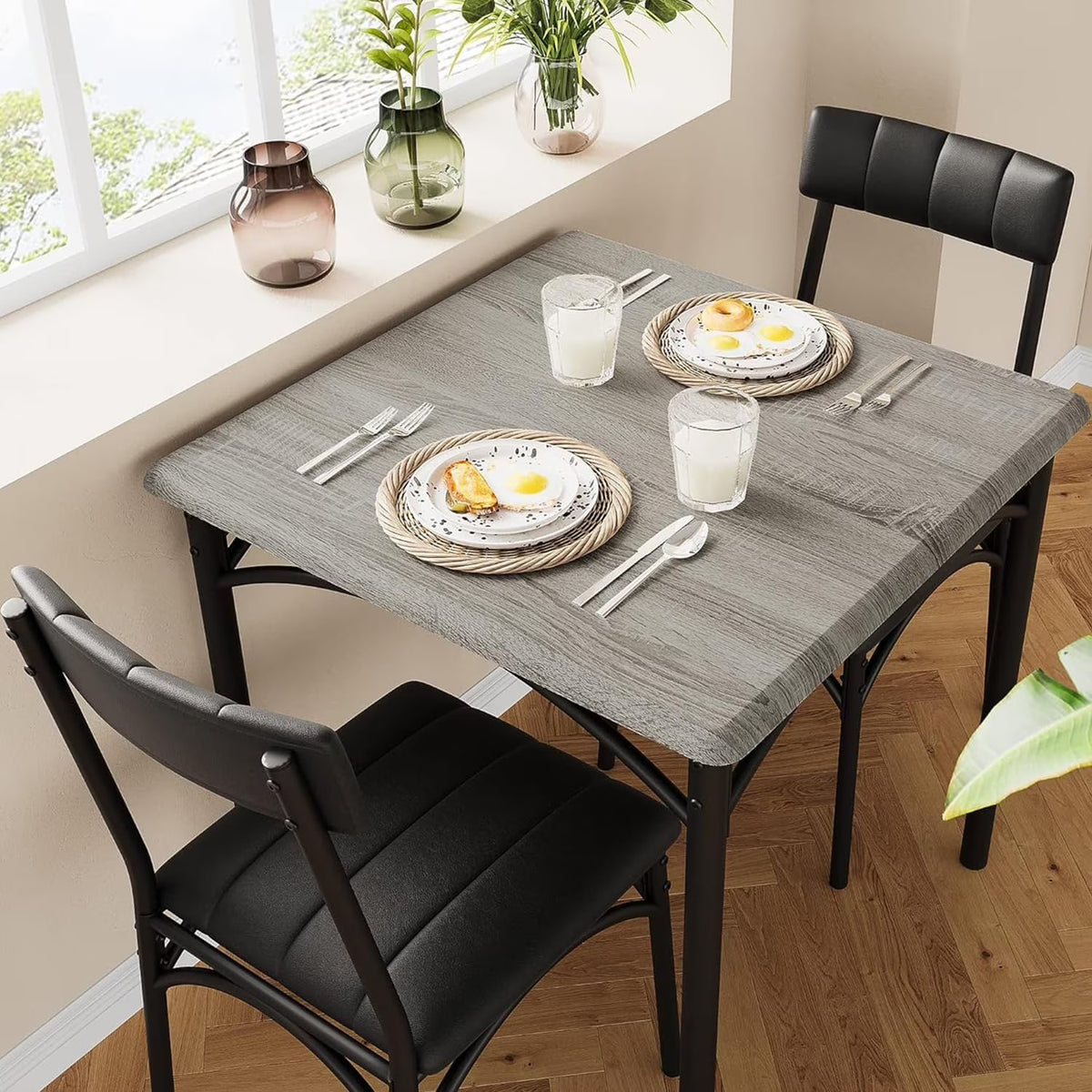 Dining Table Set for 2, Kitchen Table and Chairs for 2 with Upholstered Chairs, 3 Piece Dining Room Table Set, Square Kitchen Table Set for Small Space, Apartment, Studio