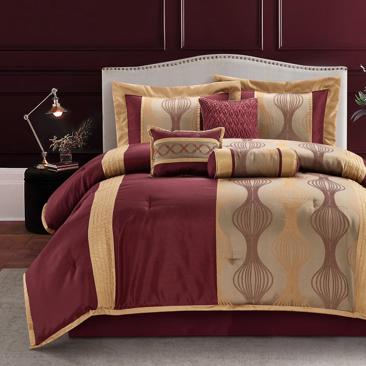 Lanco Elegant Black and Gold Comforter Set,Striped, 7 Pieces Jacquard Bedding Sets with Comforter for All Season, Bed Skirt, Pillows & Shams, Queen Size, Lightweight Microfiber