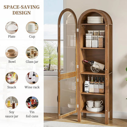 Tall Arched Storage Display Cabinet 5-Shelf with Acrylic Glass Doors, Kitchen Pantry Storage Cabinet Accent Cabinet Bookcase for Living Dining Room