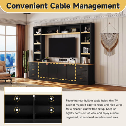 Euroco 102.3"W Farmhouse 4-Piece Entertainment Center Wall Unit with Adjustable Shelf, Modern Large TV Stand with Bookshelves