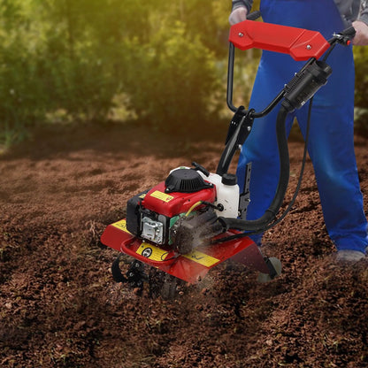 63cc Air-Cooled Gas Power Garden Tiller Cultivator Equipment 4-Stroke Portable Gas Tiller Yard Plant Farm Tilling Tool 1600W 9000RPM