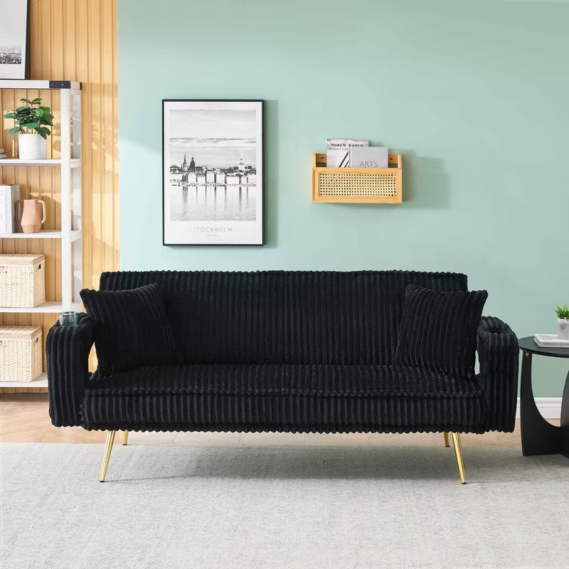 FFH Modern Corduroy Futon Sofa Bed with Adjustable Backrest,Convertible Loveseat Sleeper,Soft Couch with Drop-Down Table and Cup Holder for Living room,Pink