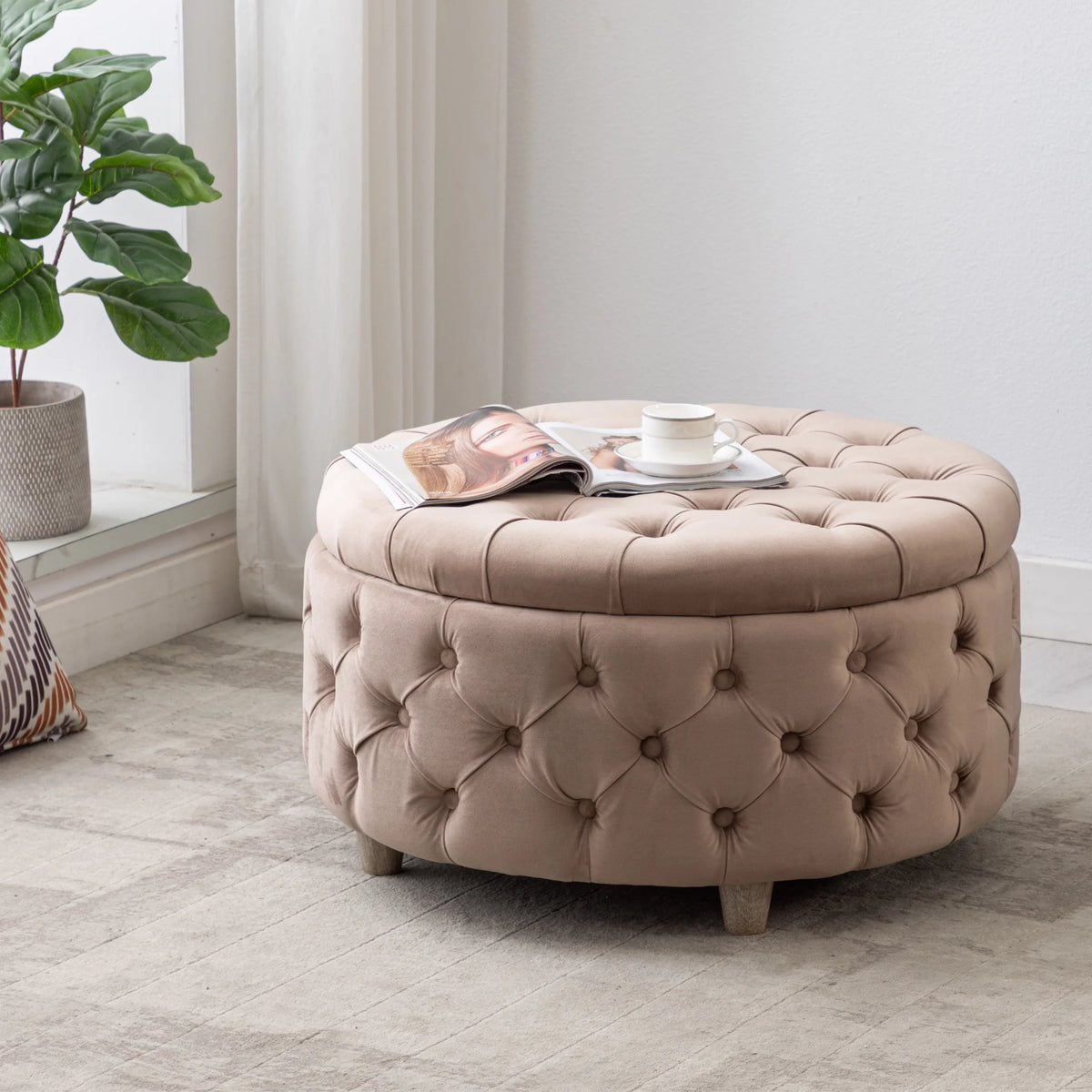 WestinTrends Wordford Round Velvet Tufted Storage Ottoman, Velvet Navy Blue