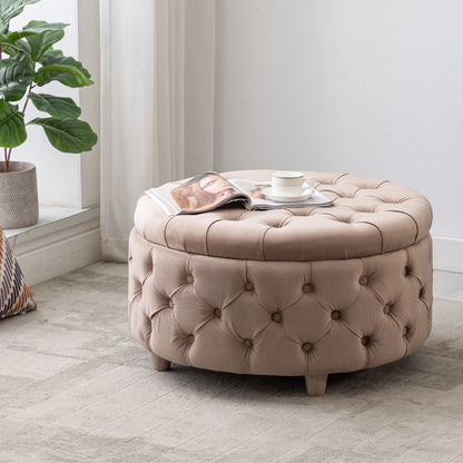 WestinTrends Wordford Round Velvet Tufted Storage Ottoman, Velvet Navy Blue