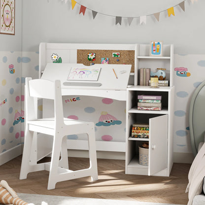 Reasea Kids Study Desk and Chair Set with Tiltable Desktop, Hutch & Storage - Wooden Writing Table for Ages 5-12,White
