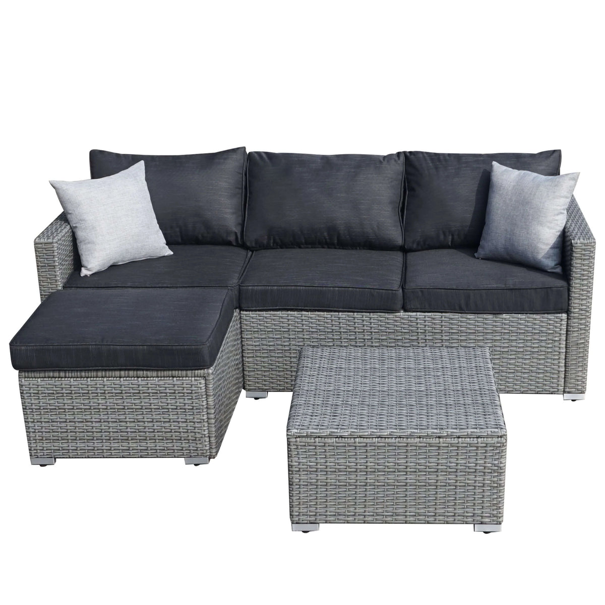SUNTONE Patio Sectional Set - 3 Pieces Outdoor Conversation Set Wicker Rattan Outdoor Furniture Sofa with Table, Beige