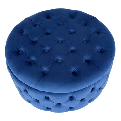 WestinTrends Wordford Round Velvet Tufted Storage Ottoman, Velvet Navy Blue