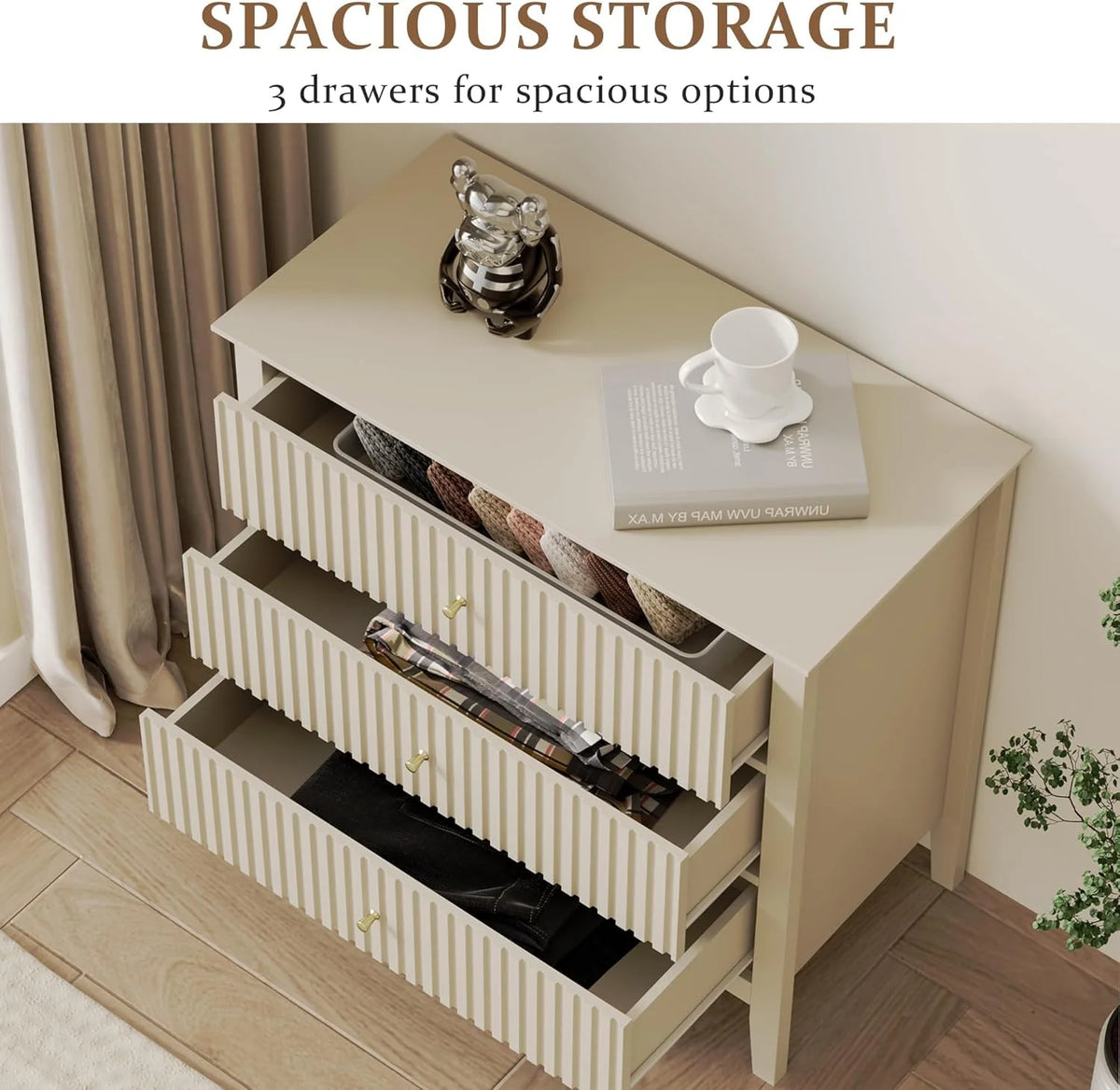 Heynemo Beige 6 Drawer Dresser, Fluted Modern Wood Chest