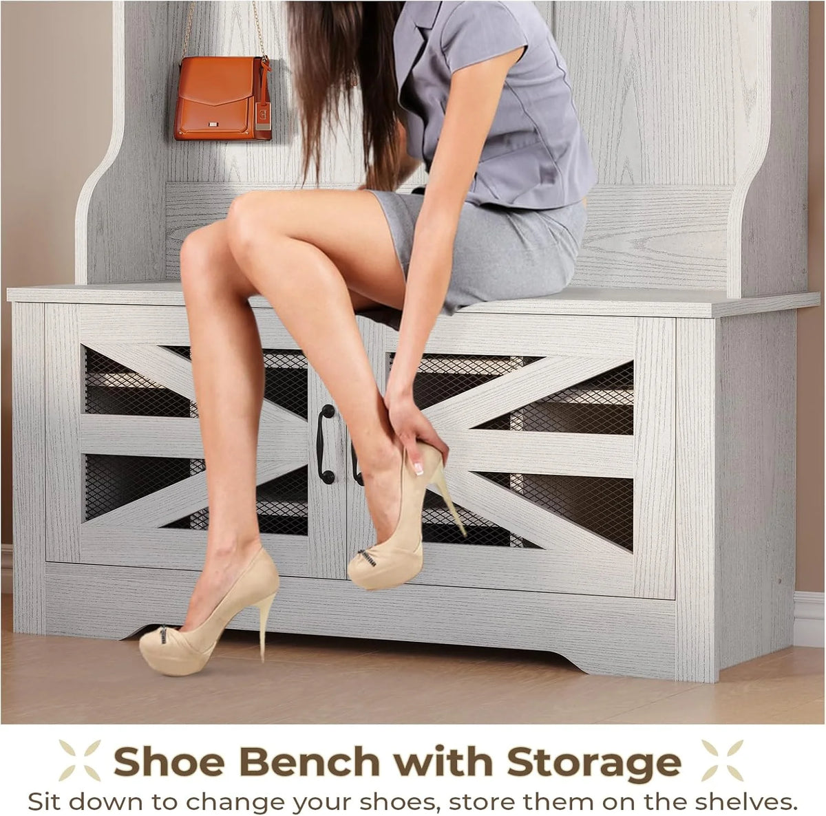 Hall Tree with Bench and Shoe Storage, 5-in-1 Entryway Bench with Coat Rack, 10 Shoe Cubbies & 9 Coat Hooks, Barn Door & Adjustable Shelf, Rustic Brown