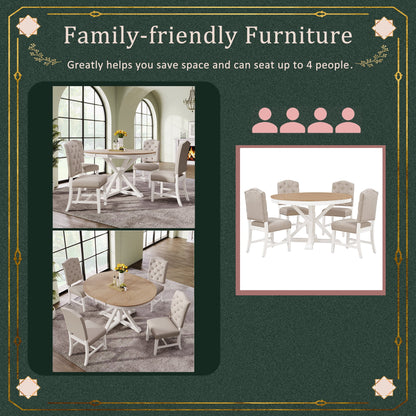 Harper & Bright Designs Round Extendable Dining Table Set for 4, 5 Piece Farmhouse Wood Dining Table Set with 4 Upholstered Dining Chairs, Natural Wood Wash
