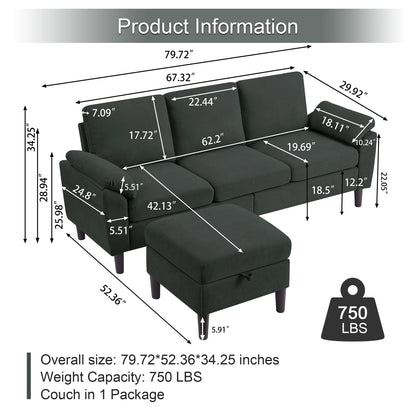 Pingliang Home Sectional Sofa Couch with Storage Ottoman,Modern 3 Seat L Shaped Sofa Couch for Living Room Apartment Studio Office