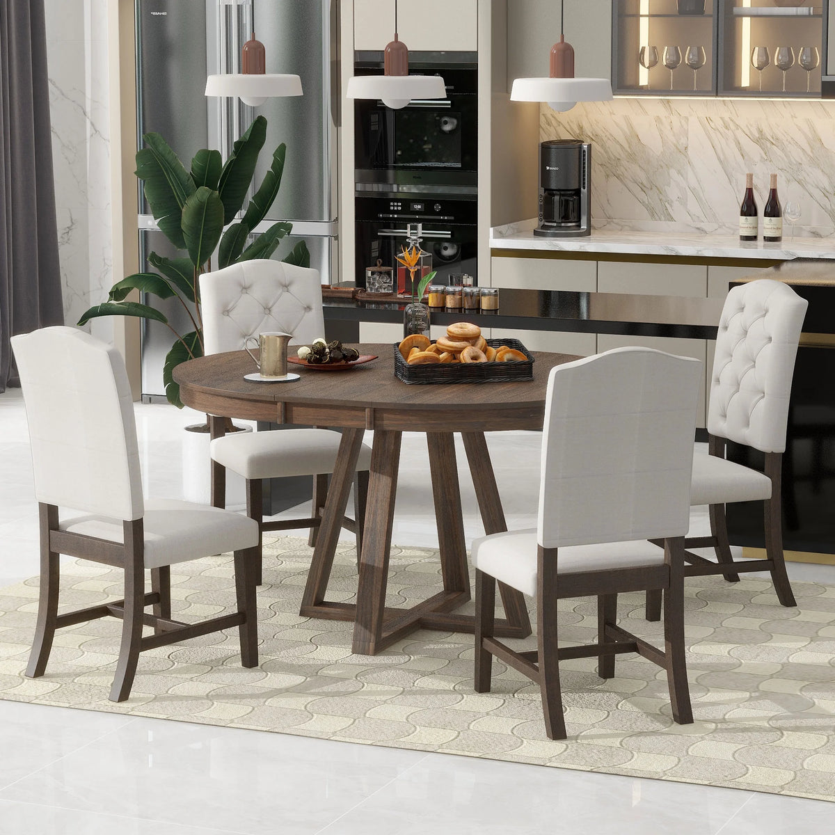 Harper & Bright Designs Round Extendable Dining Table Set for 4, 5 Piece Farmhouse Wood Dining Table Set with 4 Upholstered Dining Chairs, Natural Wood Wash