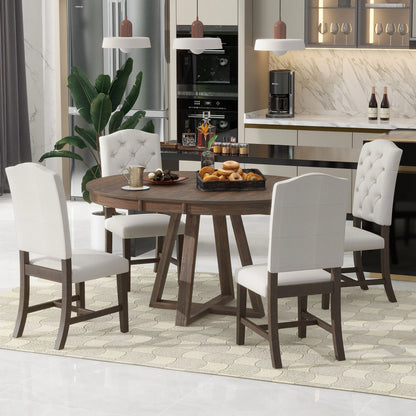 Harper & Bright Designs Round Extendable Dining Table Set for 4, 5 Piece Farmhouse Wood Dining Table Set with 4 Upholstered Dining Chairs, Natural Wood Wash