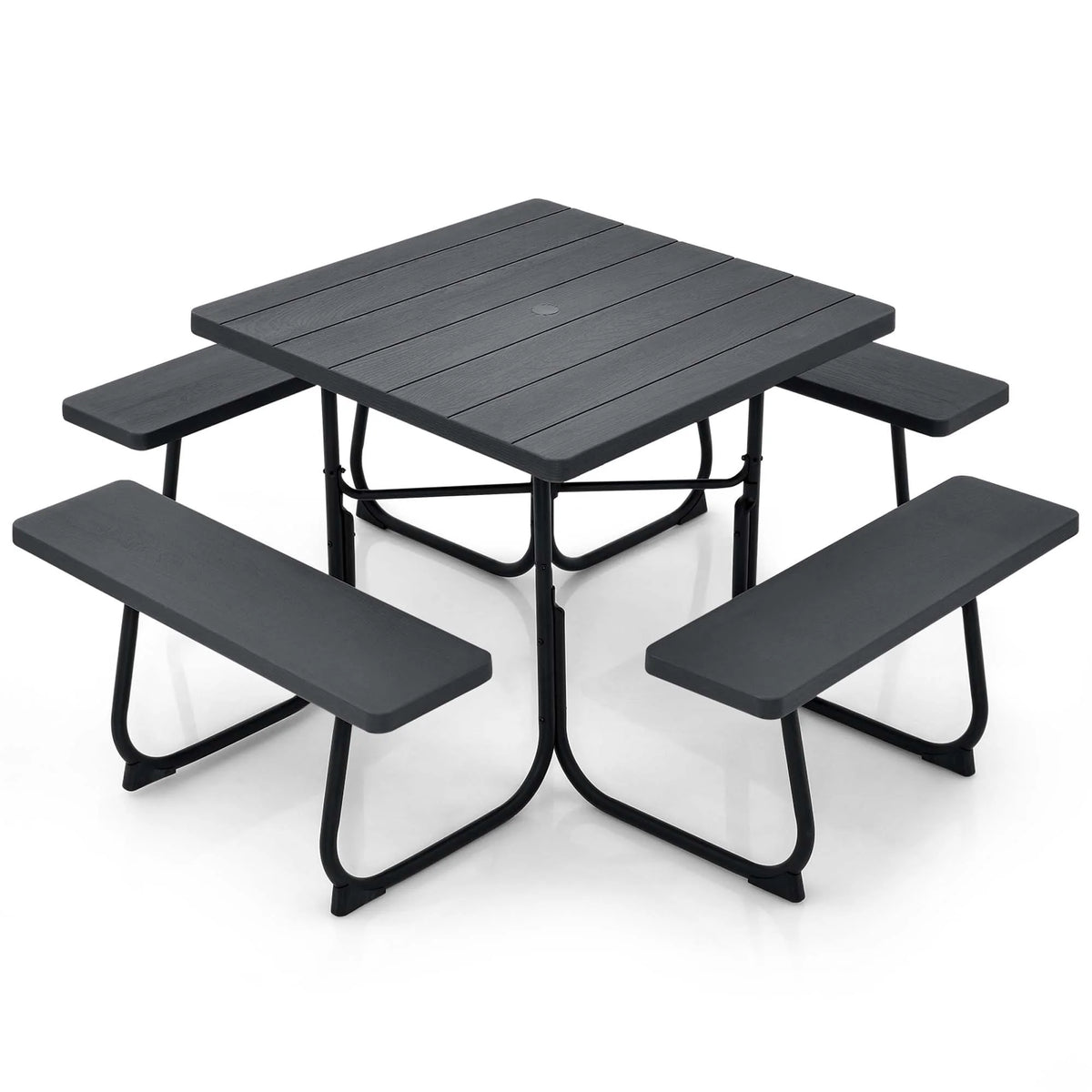 Costway Outdoor 8-person Square Picnic Table Bench Set with 4 Benches & Umbrella Hole White