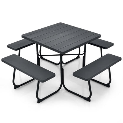 Costway Outdoor 8-person Square Picnic Table Bench Set with 4 Benches & Umbrella Hole White