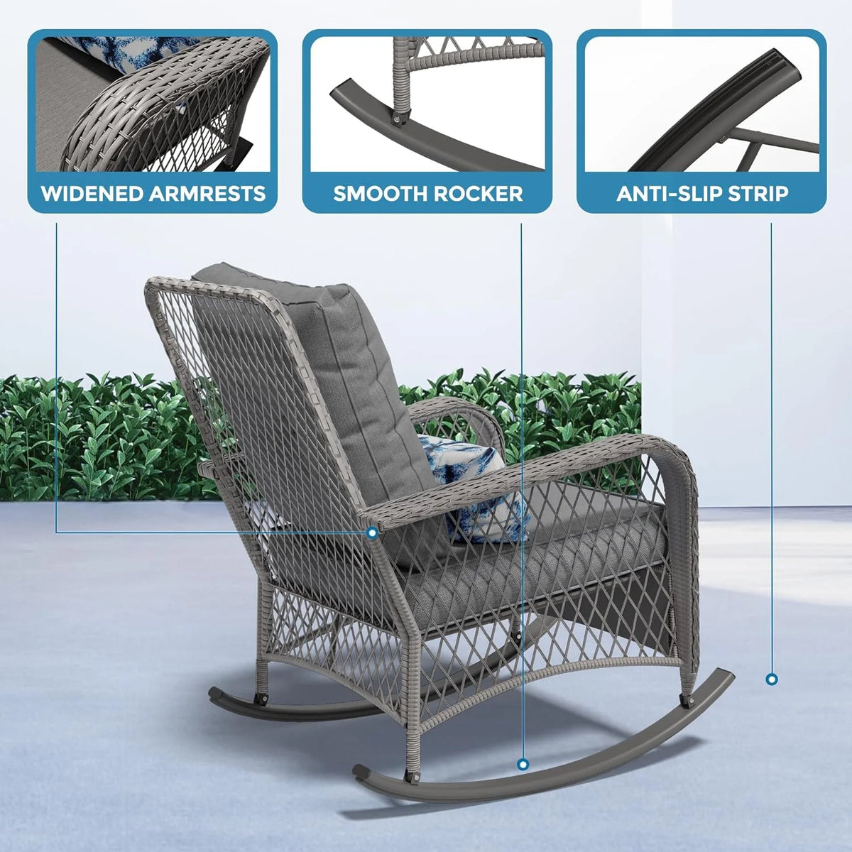 ELPOSUN 3-Piece Outdoor Rocking Chairs, Wicker Patio Furniture with Thickened Cushions and Table for Porch