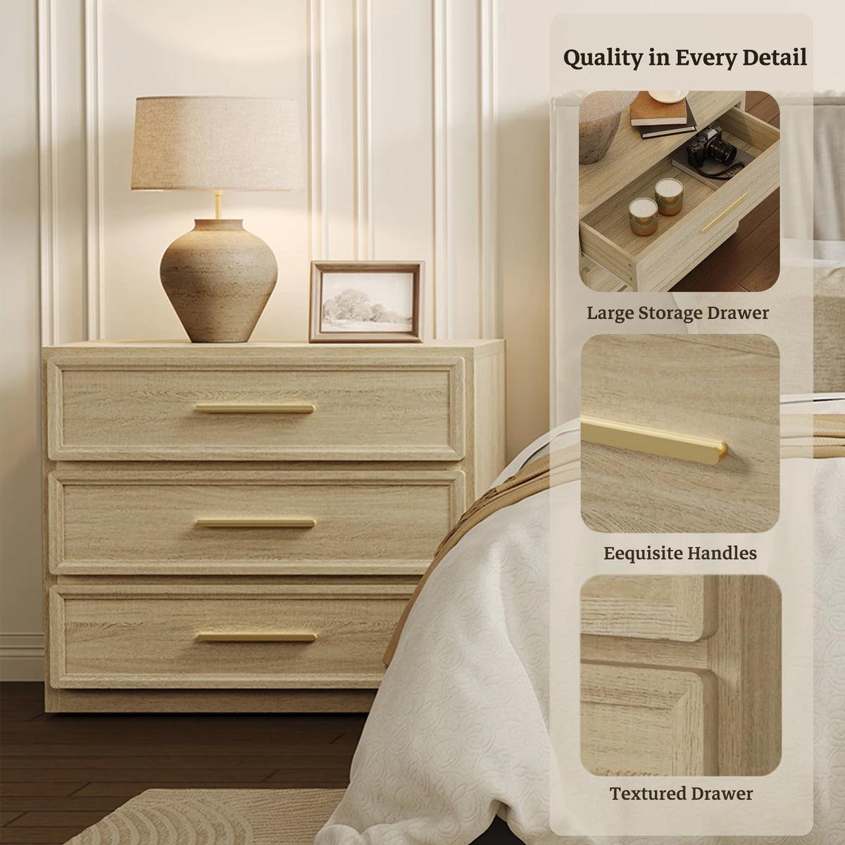 SICOTAS 31.3" W 3-Drawer Nightstand Set of 2 with Oversized Large Storage , Modern Night Stands Bedside Table with Adjustable Feet & Gold Handles for Bedroom Living Room Entryway, Light Oak