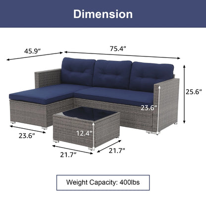 3 Piece Patio Furniture Sets,  Outdoor All-Weather Wicker Sectional Sofa Set, Beige