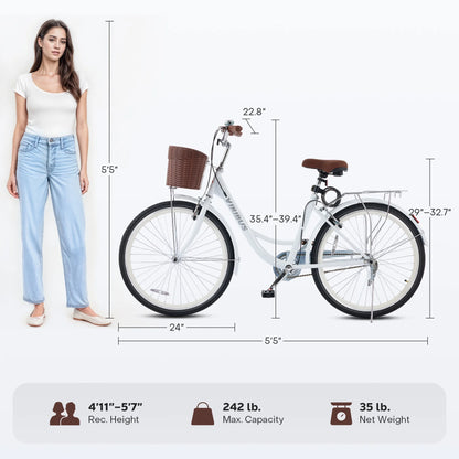 Viribus Women's Comfort Bike 24 inch Beach & City Cruiser Bicycle with Basket Rack White