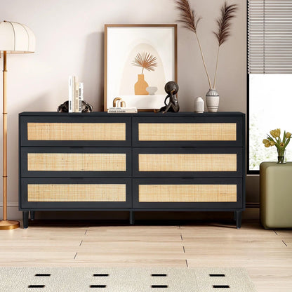 Wide 6 Drawer Rattan Dresser, Boho Dresser for Bedroom, Wooden Dresser Chest of Drawers, Natural