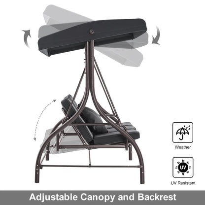 MCombo 3-Seat Outdoor Patio Swing Chair Cushioned with Adjustable Backrest and Canopy, Pillow, Brown