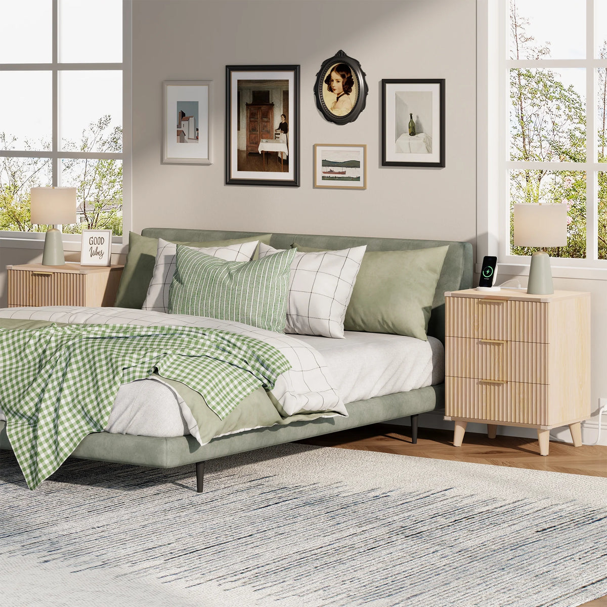 GIKPAL Night Stands for Bedroom, Modern Bedside Table with 3 Drawers & Charging Station,Fluted Panel End Tables for Bedroom  & Living Room, Natural