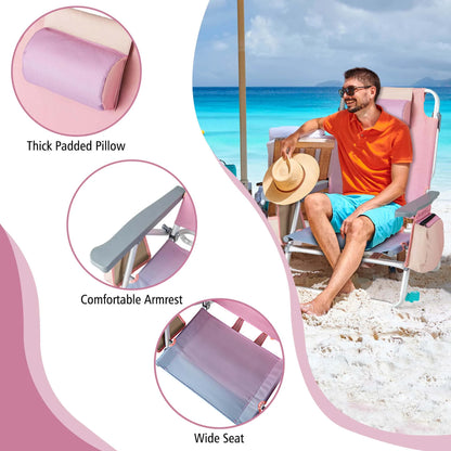 Costway 2-Pack Folding Backpack Beach Chair Table Set 5-Position Outdoor Reclining Chair Pink