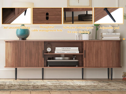 HLR 70" Mid Century TV Stand With Tambour Door For TVs Up To 80", Entertainment Center With Storage, Brown