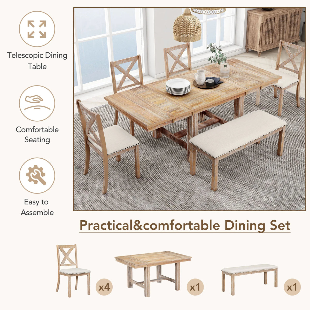 6 Piece Extendable Dining Table Set, Atumon Wood Dining Room Set for 6, Dining Table Set with 4 Beige Cushioned Chairs and Bench, Farmhouse Dining Table Set Furniture for Kitchen Dining Room, Natural