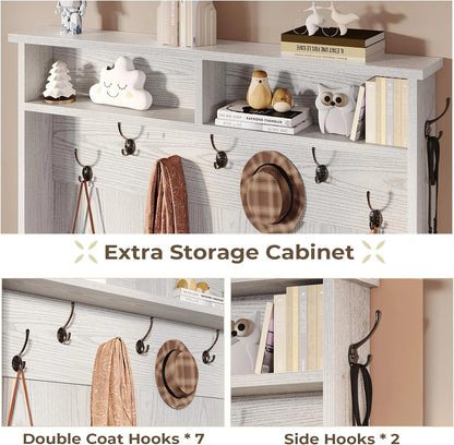 Hall Tree with Bench and Shoe Storage, 5-in-1 Entryway Bench with Coat Rack, 10 Shoe Cubbies & 9 Coat Hooks, Barn Door & Adjustable Shelf, Rustic Brown
