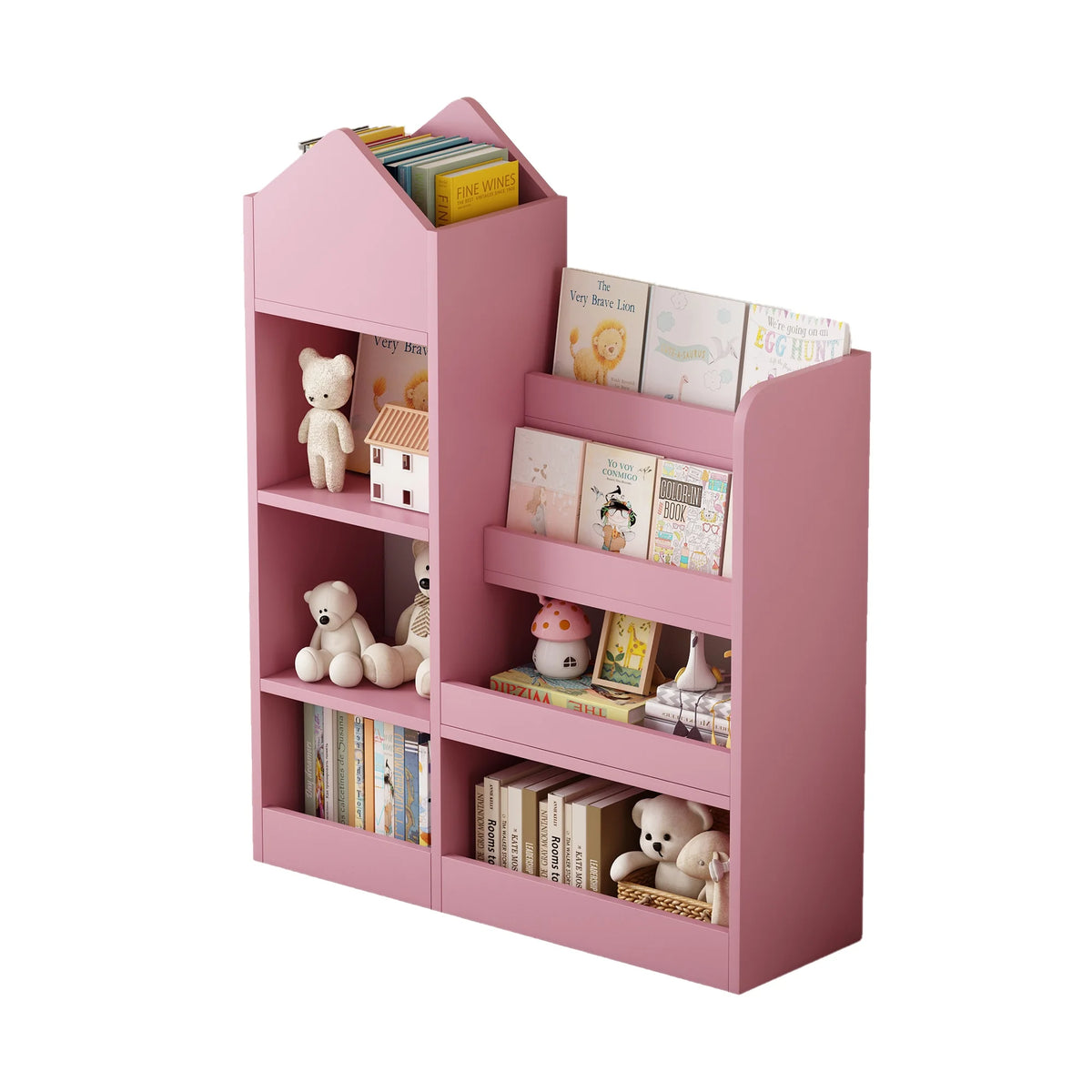 PORKISS Bookshelf for Kids, Wood Kids Bookcase with Toy Storage Organizer, Freestanding Book Shelf with 6 Compartments and 2 Baskets Bins for Kids Bedroom, Nursery, Playroom, Natural