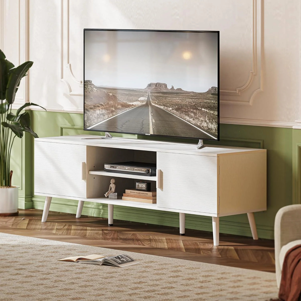 LL TV Stand for 55 Inch TV, Entertainment Center with Adjustable Shelf, 2 Cabinets, TV Console Table, Media Console, Solid Wood Feet, Cord Holes, for Living Room, Bedroom, White