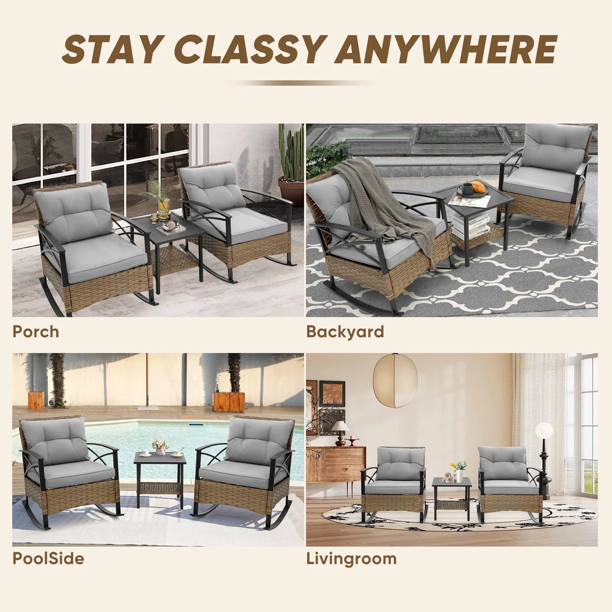 3 Pieces Patio Outdoor Conversation Set, Patio Furniture Bistro Set with 2-Tier Coffee Table, PE Wicker Rocking Chairs with Blue Cushions for for Backyard Porch Poolside