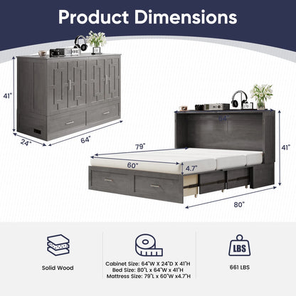 ZAFLY Murphy Bed with Trifold Foam Mattress, Cabinet Bed has USB Charging Station, Convertible Bed with Storage Platform, Cabinet Chest Bed with Large Drawers for Living Room/Bedroom (Grey)