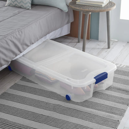 Sterilite 66 Quart Wheeled Latch Box, Clear Underbed Storage Bin with Lid, Blue, 4 Count