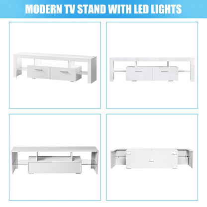 PAPROOS TV Stand for TVs up to 70", High Gloss TV Cabinet with LED Light, Modern TV Console Table with Storage Drawers, Media Television Stand Entertainment Center, White