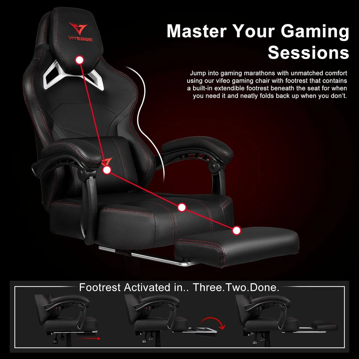 VITESSE Big and Tall Gaming Chair 400lb Weight Capacity with Footrest, Ergonomic Video Game Chair for Adults with Oversized Headrest and Lumbar Pillow, Computer Chair Gaming for Office (Black+Red)