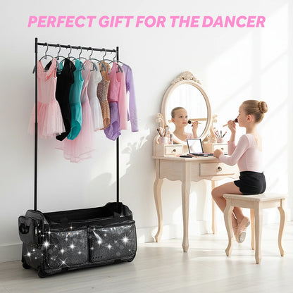 Dance Bag with Garment Rack,23"Glitter Rolling Dance Competition Bag with Organizer Bag, Collapsible Dance Travel Bag Suitcase for Dancers Performer Artist,Pink