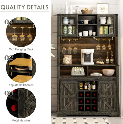72" Farmhosue Coffee Bar Cabinet with Storage, Tall Kitchen Buffet with Hutch & Wine & Glasses Rack, Sliding Barn Door, Charging Station, RGB Lighting, 12 Storage Shelves, Sideboard Table