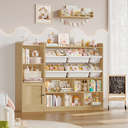 Hiphuta 55"In Kids Bookcase with Toy Storage Organizer, Wood Cube Bookcase Toy Chest of 8 Compartments & 6 Movable Bins, Bookshelf for Kids Bedroom, White