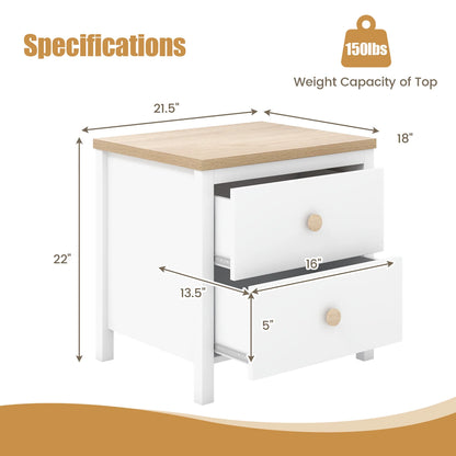 Gymax 2 PCS Nightstand Farmhouse Side End Table w/ Solid Wood Legs & 2 Drawers White