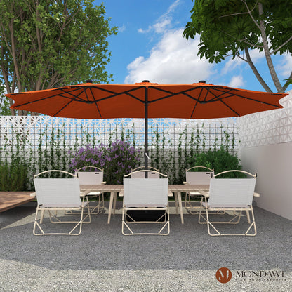 Mondawe 15ft Patio Umbrella Rectangular Outdoor Market Umbrella with Base and LED Lights Beige
