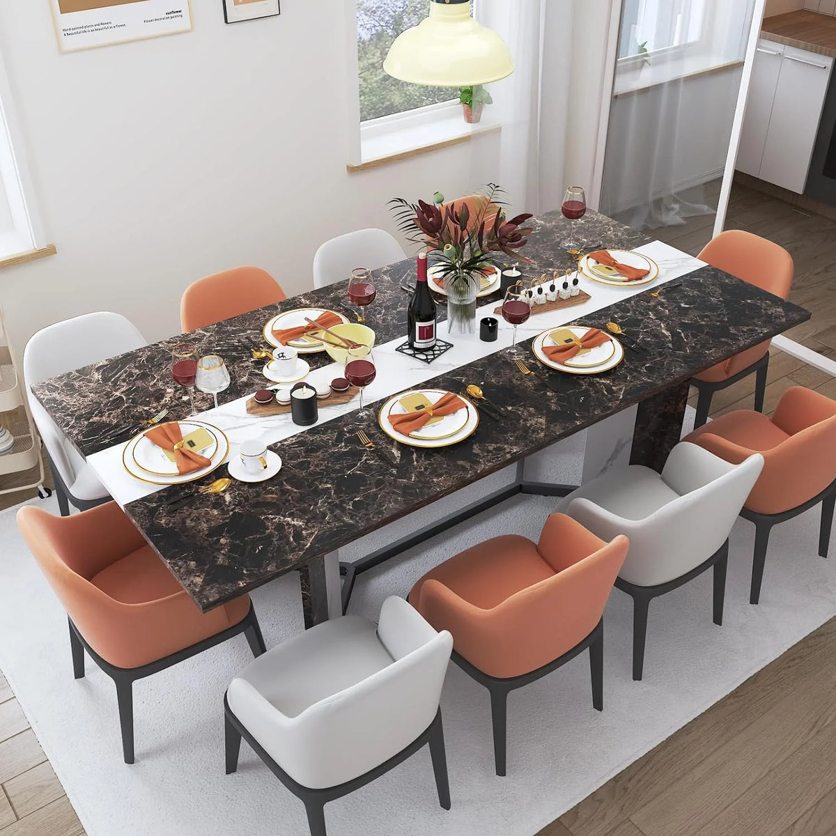 71 inch Large Rectangular Dining Table for 6-8 People, Dining Table with Marble-Color Wood Waterproof Tabletop and Adjustable Leg, 6ft Luxurious Family Dinner Table for Office Kitchen Living Room