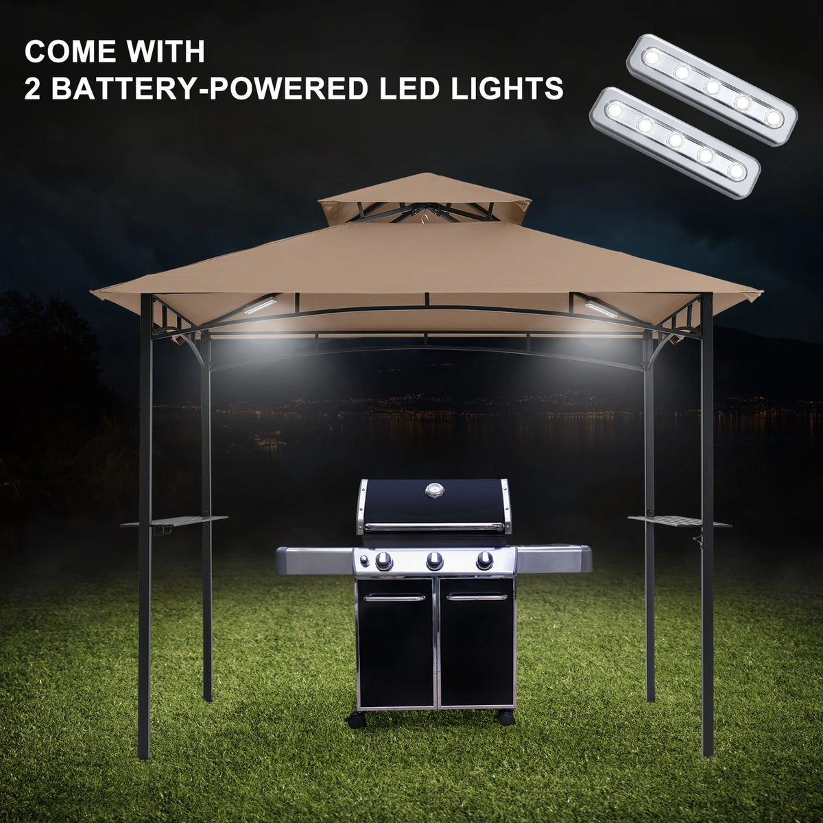 MASTERCANOPY 8' x 5' Grill Gazebo Outdoor BBQ Gazebo Canopy with LED Lights for Patio, Brown