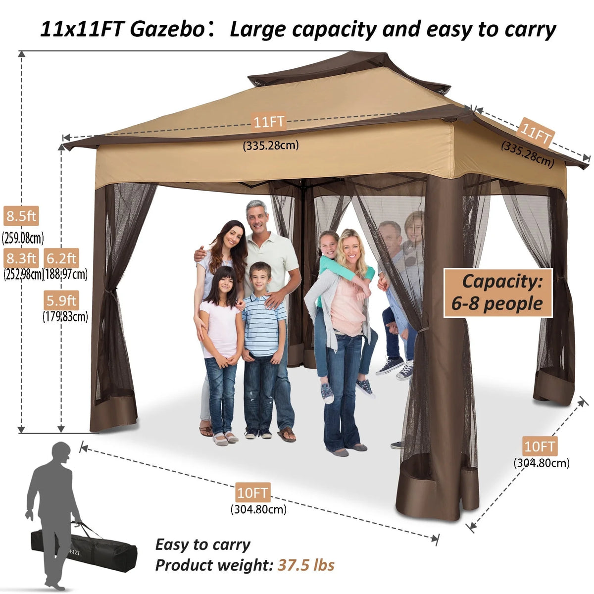 COBIZI 12x12 Outdoor Gazebo Pop Up Gazebo Canopy with Mosquito Netting Patio Tent Backyard Canopy with 2-Tiered Vented Top 3 Adjustable Height, Beige