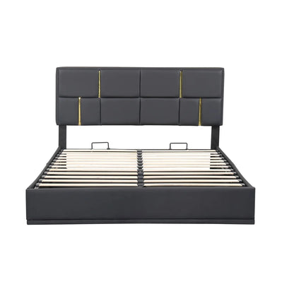 2-Pieces Bedroom Sets, Queen Size Upholstered Platform Bed with Hydraulic Storage System,Storage Ottoman with Metal Legs, 2 Piece Wood Bedroom Furniture Set, Beige