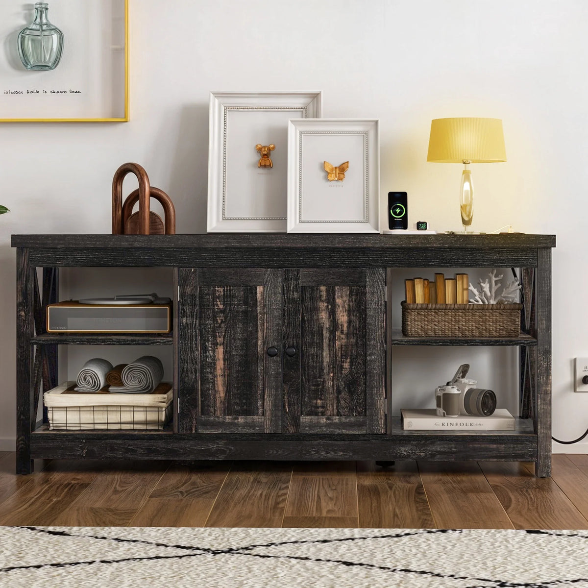 Dextrus White TV Stand up to 65 Inches w/Power Outlets, Farmhouse Entertainment Center Cabinet with Storage for Living Room