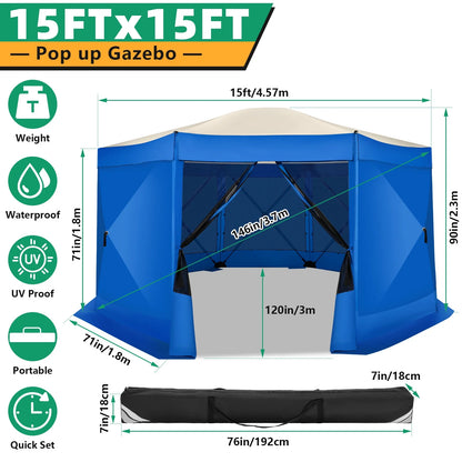 COBIZI 8x8 Pop up Gazebo Tent, Ez up Waterproof Screen Tent Screen House, Portable Outdoor Canopy Sun Shelter with 3 Sidewalls, Carry Bag & Ground Stakes for Camping, Garden and Picnics, Gray